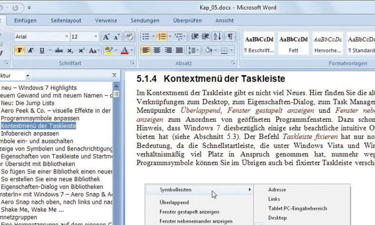 Ansicht Dokumentstruktur: Hier navigieren Sie schnell zu beliebigen Textstellen in Ihrem Dokument.