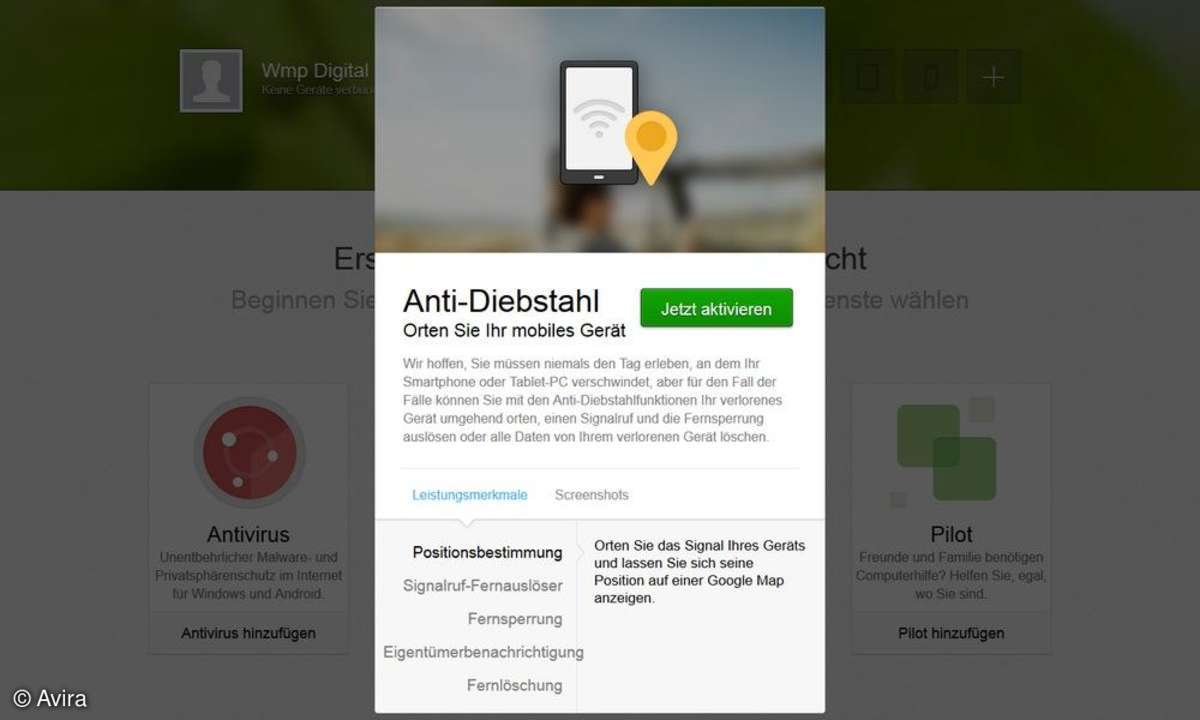 Screenshot Avira Online Essentials Anti-Diebstahl