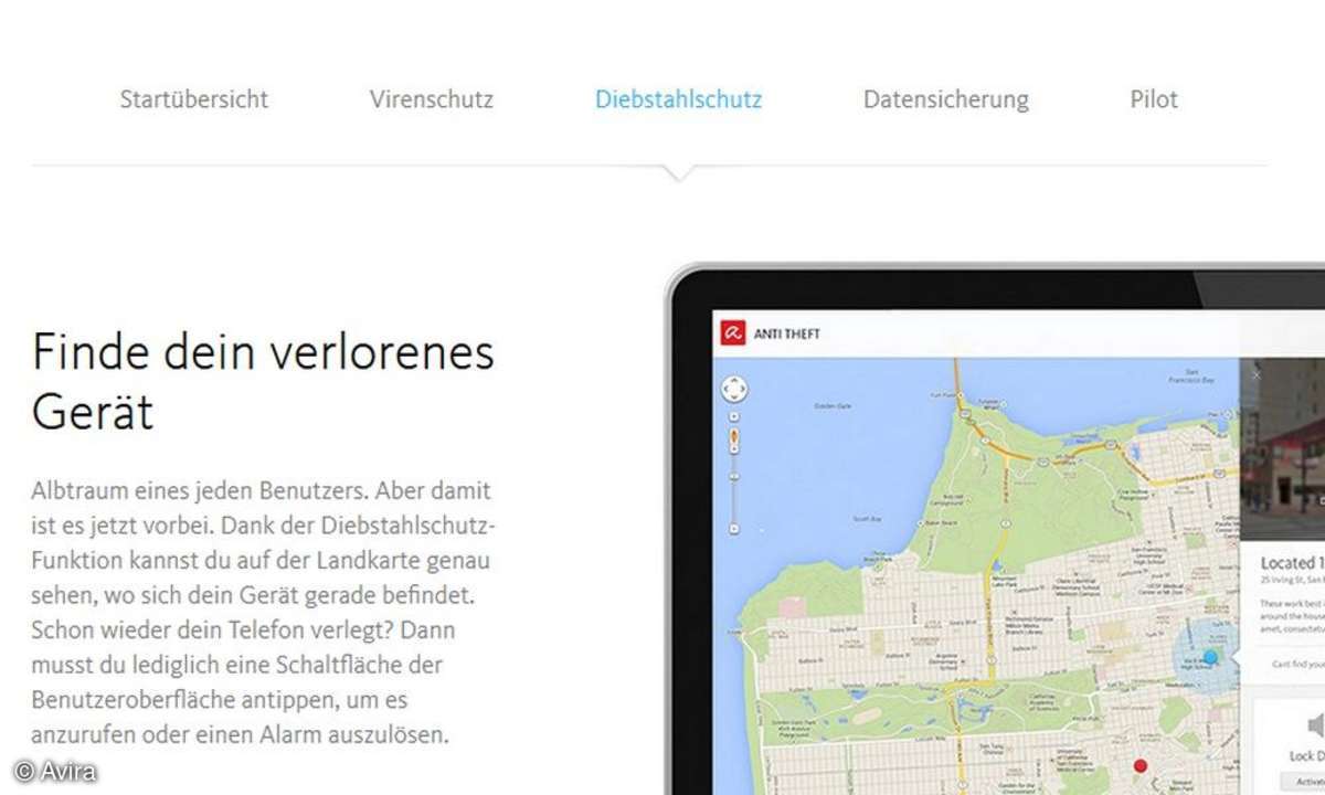 Screenshot Avira Online Essentials Diebstahlschutz