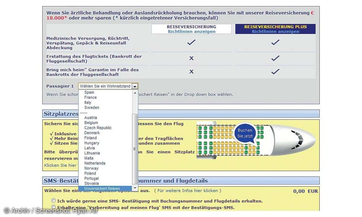 Screenshot Ryan Air, Reiseversicherung