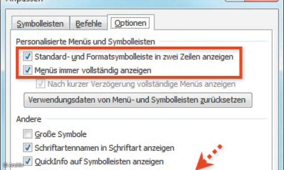 Um alle Funktions-Icons immer zu sehen, versehen Sie die beiden Optionen mit einem blauen Pfeil. Wenn Sie nicht alle Befehle kennen, hilft die Aktivierung von QuickInfo.