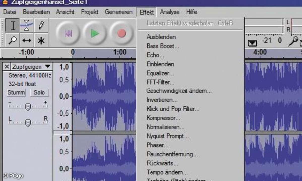 Audacity bietet eine Vielzahl von Filtern für die Klangbearbeitung.