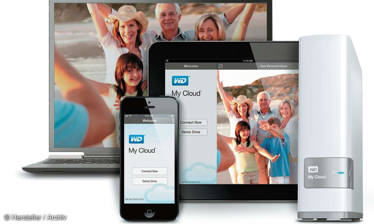Home Cloud mit Laptop, Smartphone, Tablet und WD Festplatte.