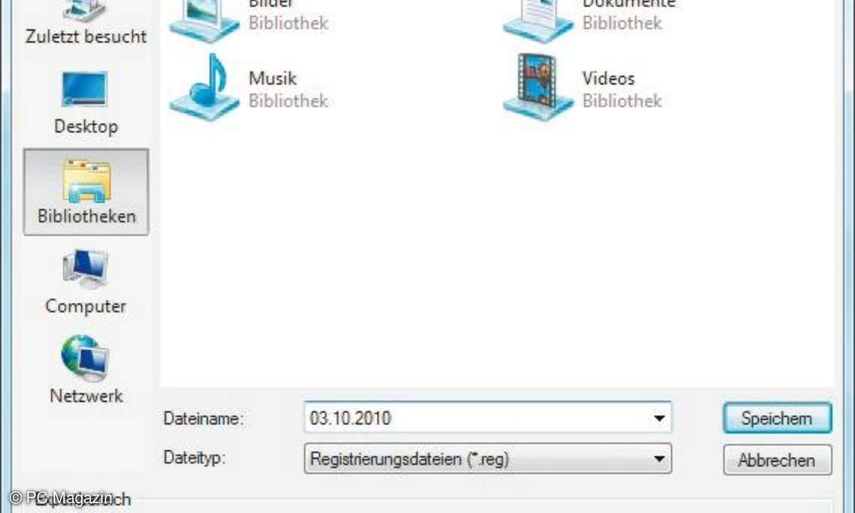 Dialog zum Exportieren von Registry-Sicherungen: Windows speichert Registrierungsdateien mit der Erweiterung .reg.