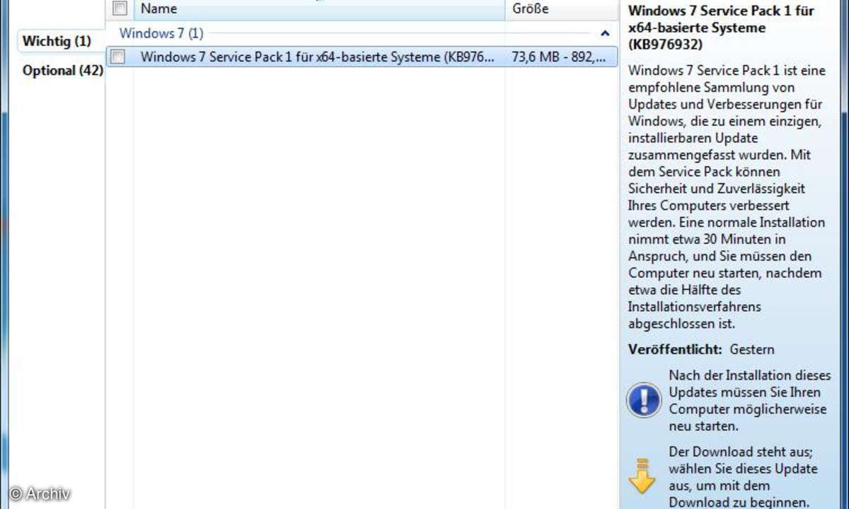 Windows 7 SP1 über das Windows Update