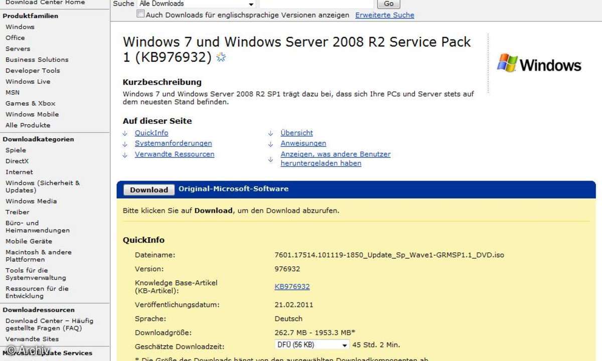 Windows 7 SP1 vom Microsoft Download Center