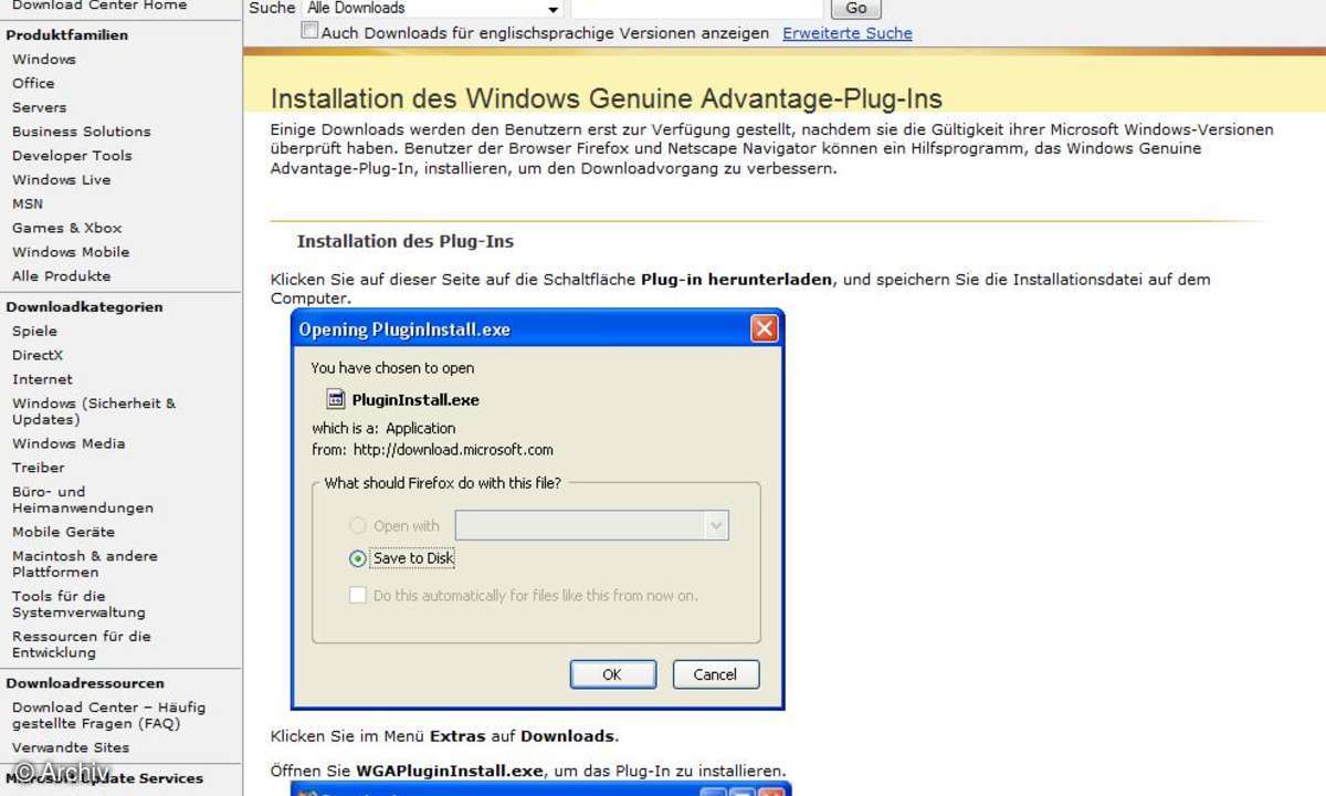 WGA-Plugin für Firefox vom Microsoft Download Center