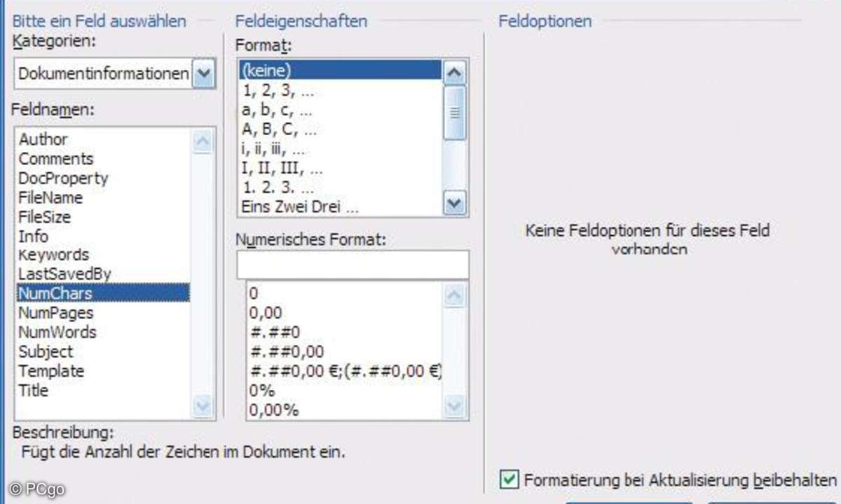 109 Diese Feldfunktion fügt die Anzahl der Zeichen eines Textes ein.