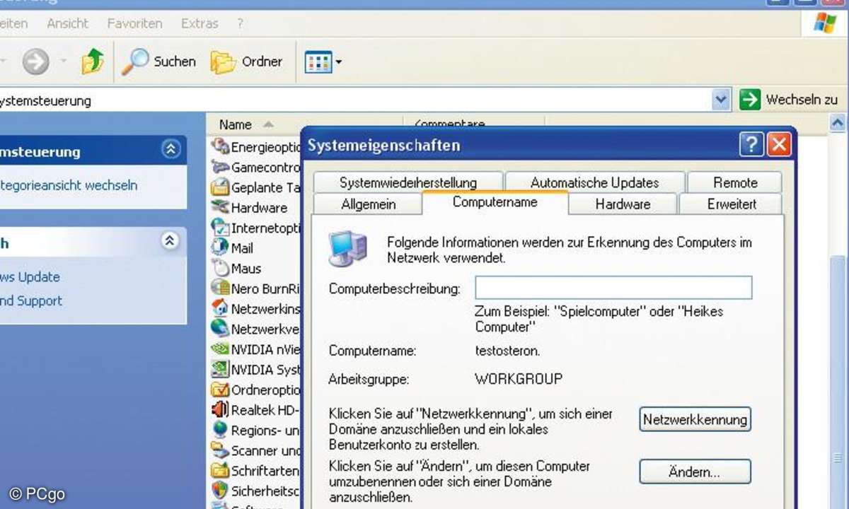 Notieren Sie sich Namen und Arbeitgruppe des ersten Windows-XP-Rechners.