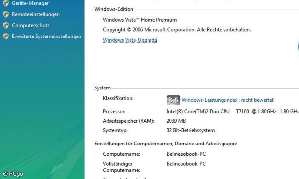 Auch unter Windows Vista finden sich Computername und Arbeitsgruppe etwas versteckt in der Systemsteuerung.