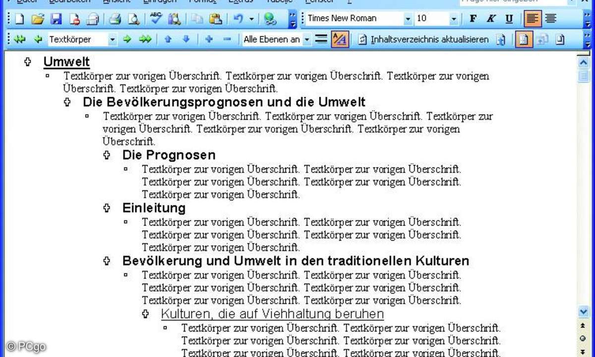 Im Dokumentfenster sind die verschiedenen Ebenen des Textes gut sichtbar, da tiefere Ebenen gegenüber den höheren etwas eingerückt werden.