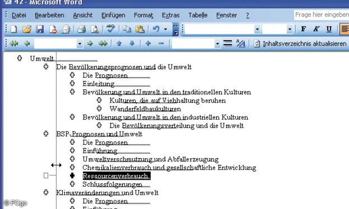 Die Absätze lassen sich mit der Maus in ein höhere oder tiefere Ebene verschieben.