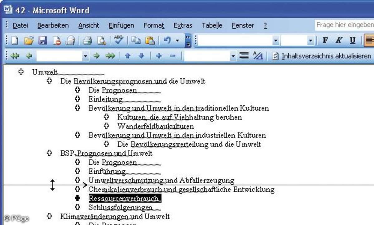 Beim Verschieben einer Überschrift wird der untergeordnete Text automatisch