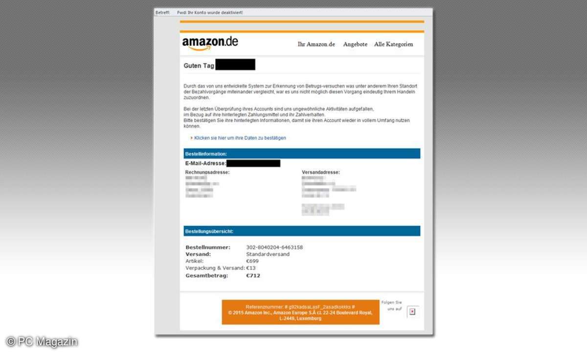 Phishing-Versuch: täuschend echte Amazon-E-Mail