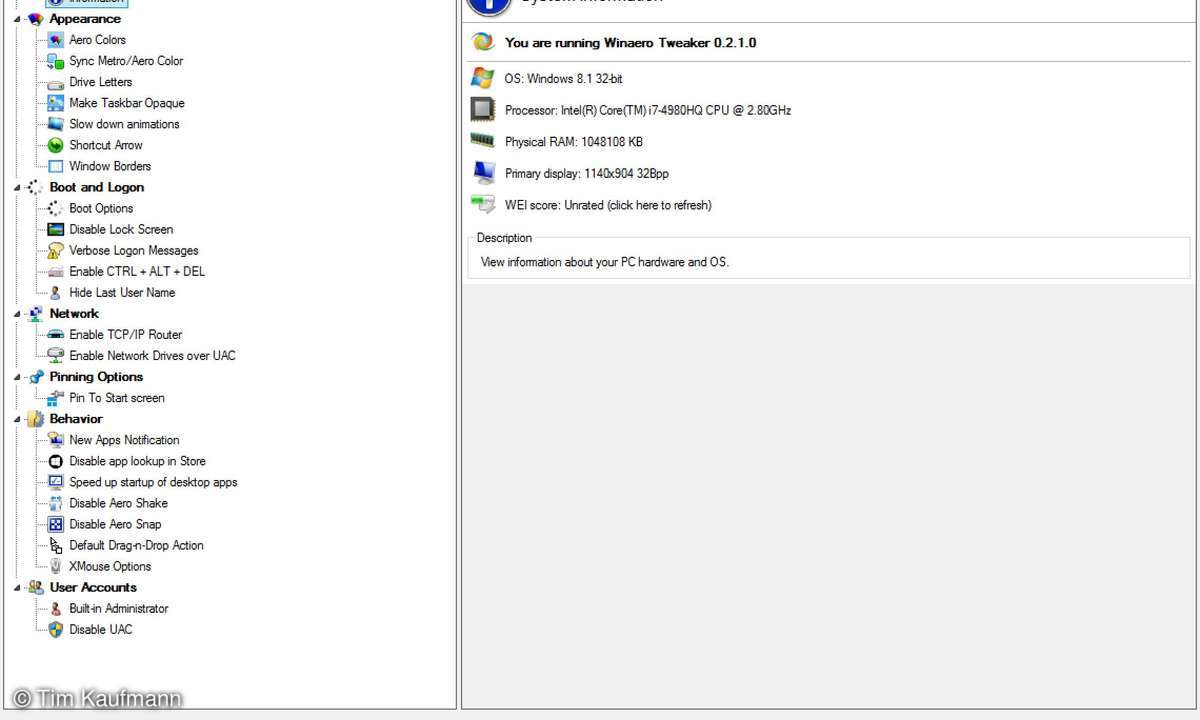 WinAero Tweaker, Screenshot