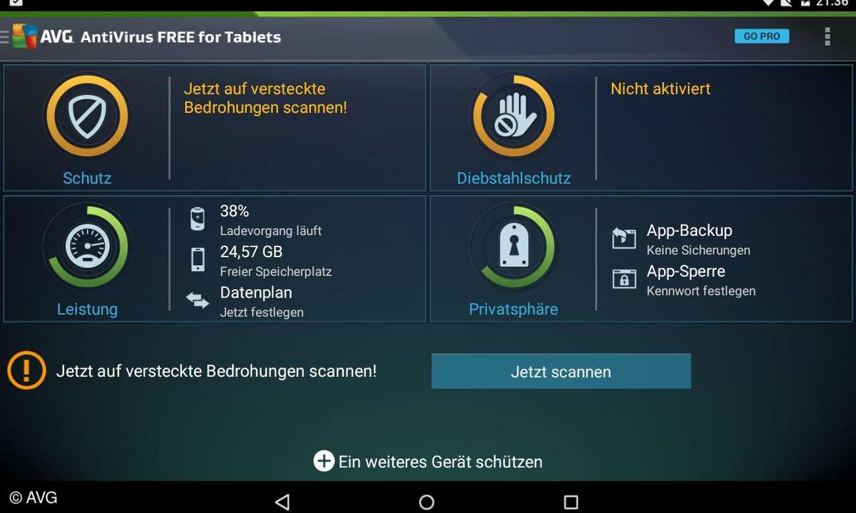 Screenshot: AVG AntiVirus FREE für Tablets