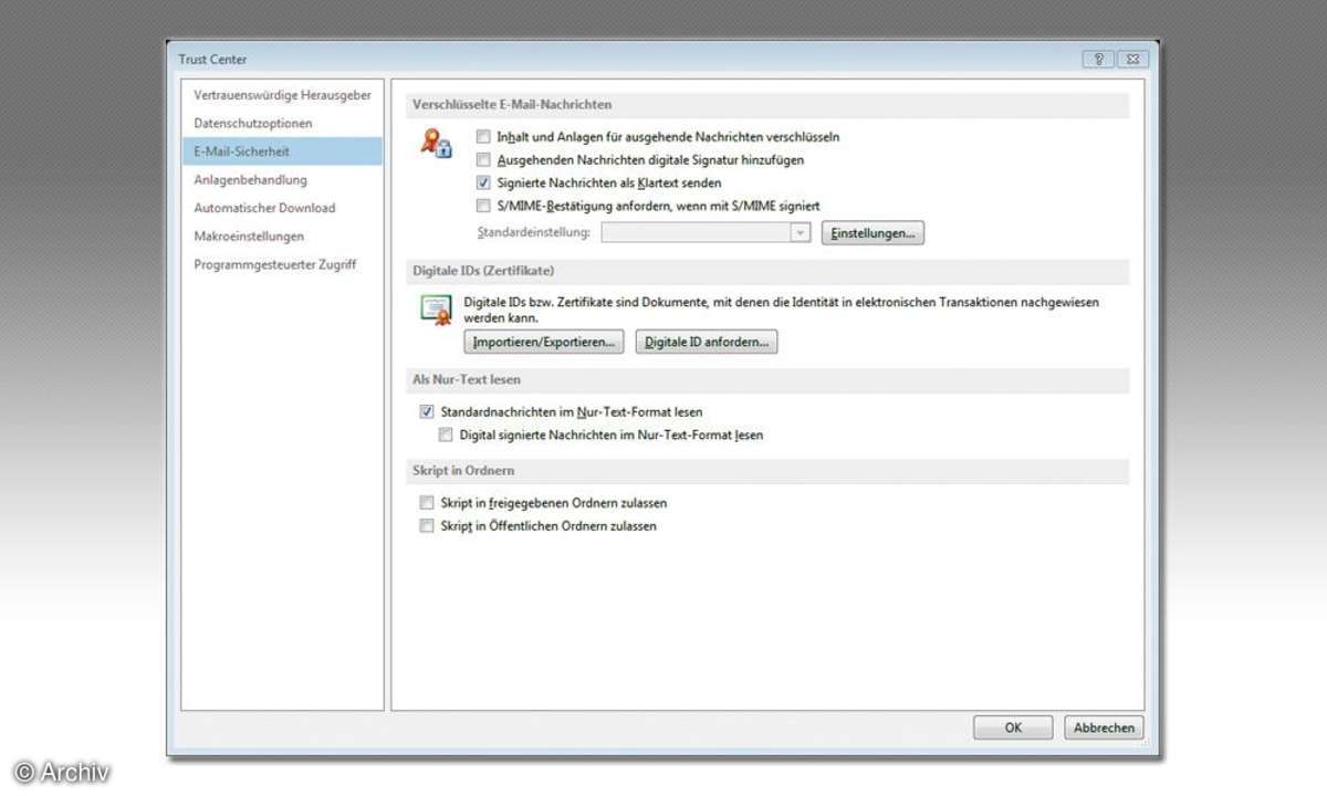 Sichern Sie Ihre E-Mails ab, indem Sie bewusst das HTML-Format abschalten. Bei vertrauenswürdigen E-Mails können Sie die HTML-Ansicht jederzeit mit einem Mausklick wieder anschalten.