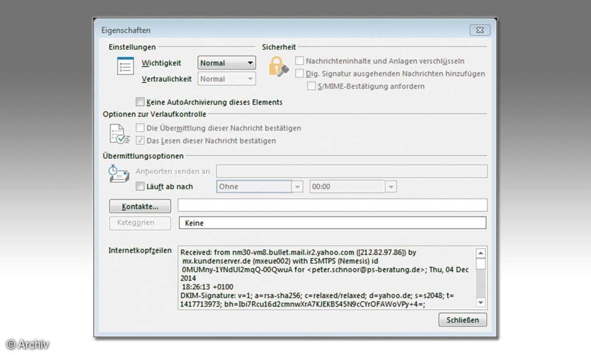 Der Header einer E-Mail ist ab Outlook 2010 gut versteckt, aber immer noch einzusehen.