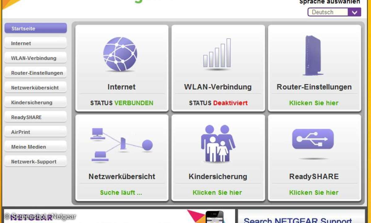 Menü von Netgear Genie