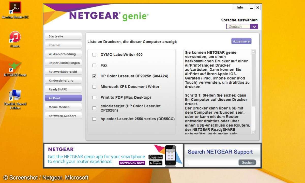 Menü von Netgear Genie