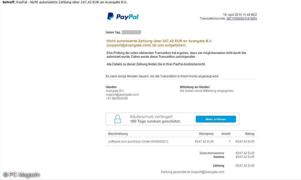 Phishingmail mit Warnhinweis