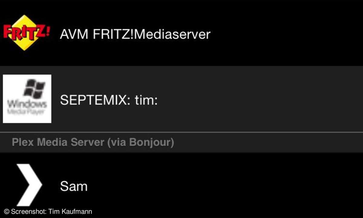 UPnP-Menü auf dem Smartphone
