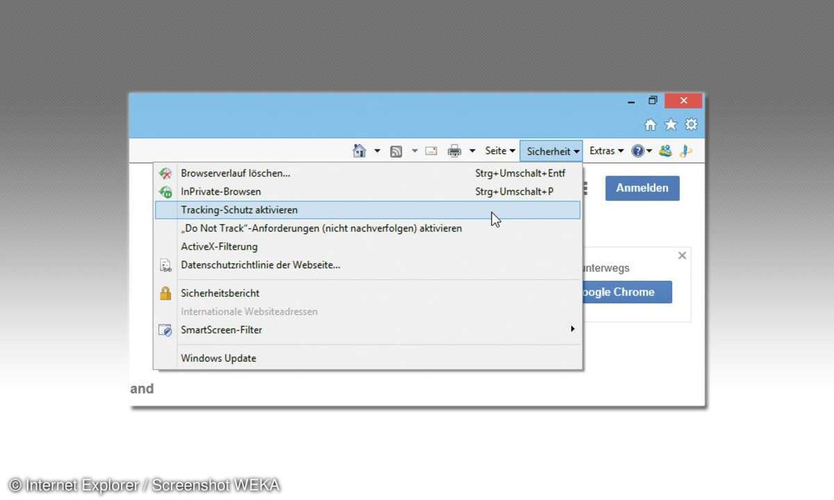 Integrierter Trackingschutz bei Internet Explorer