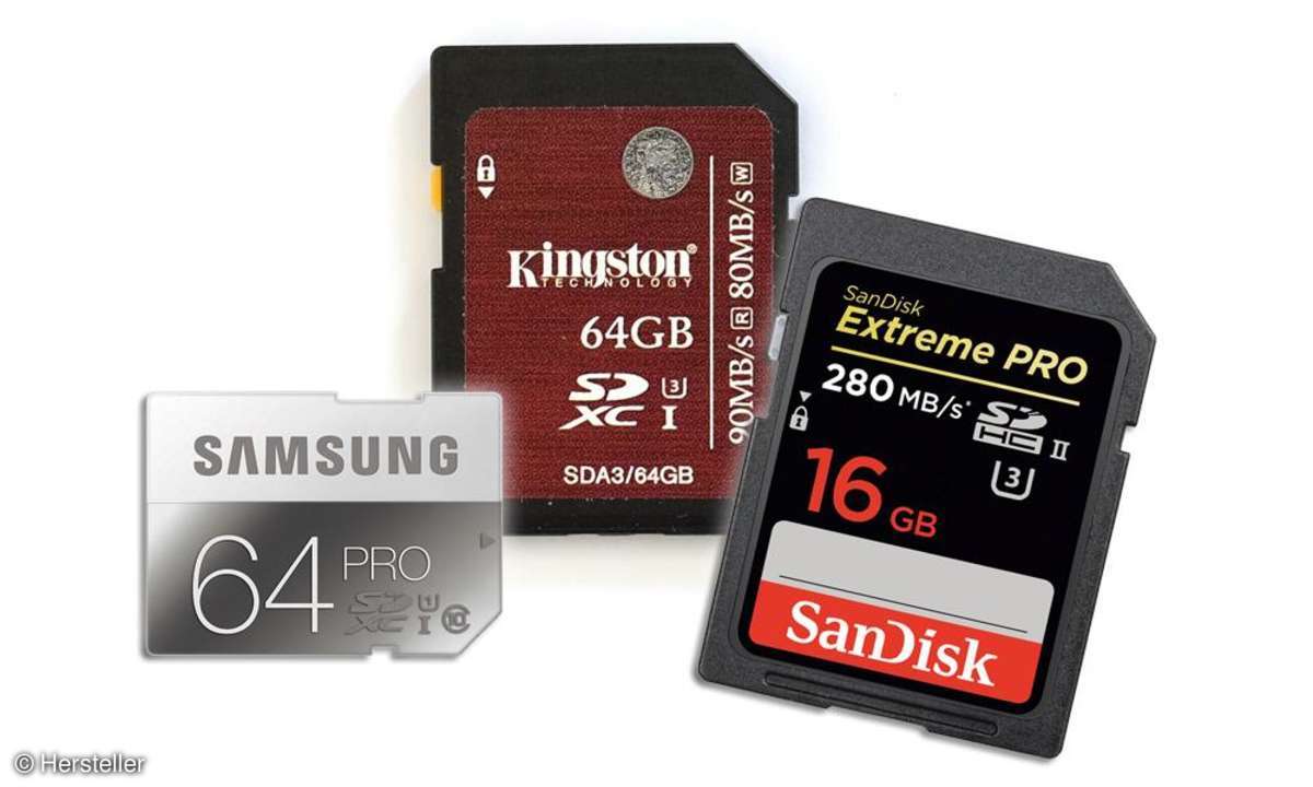 Kingston 64 GB UHS-I U3, Samsung Pro 64 GB, SanDisk Extreme Pro 16 GB
