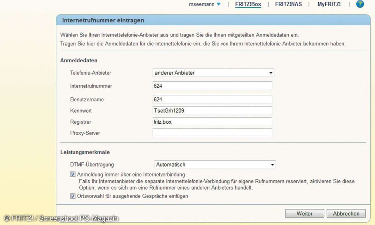 Rufnummer eintragen