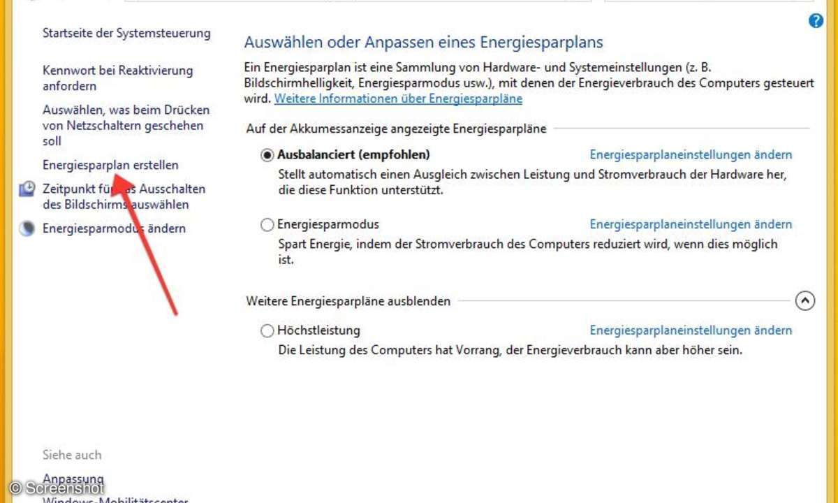 Windows-Energieeinstellungen als Screenshot