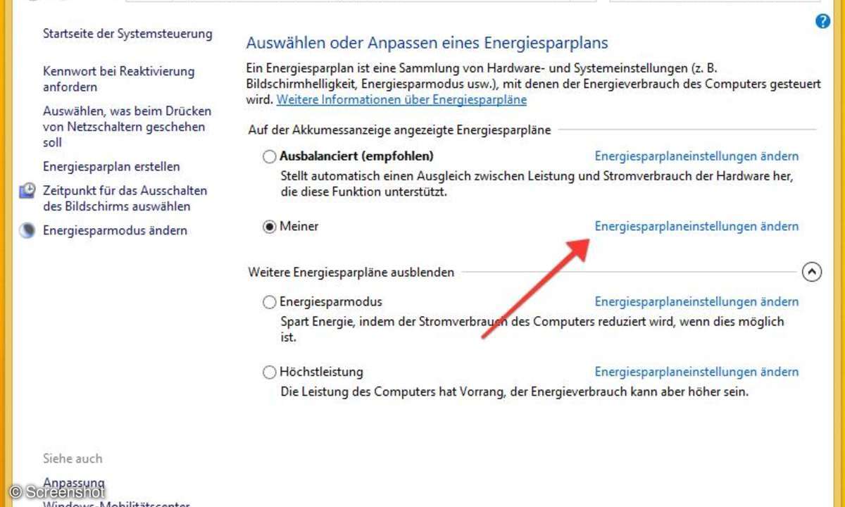 Windows-Energieeinstellungen als Screenshot