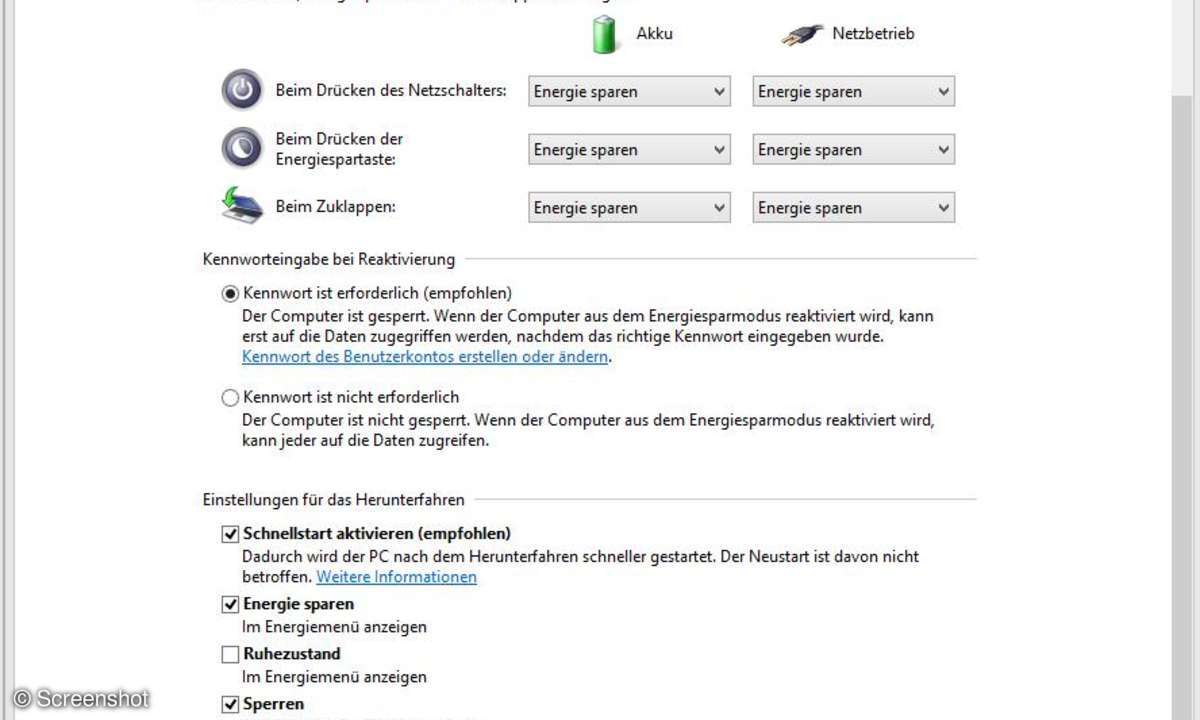 Windows-Energieeinstellungen als Screenshot