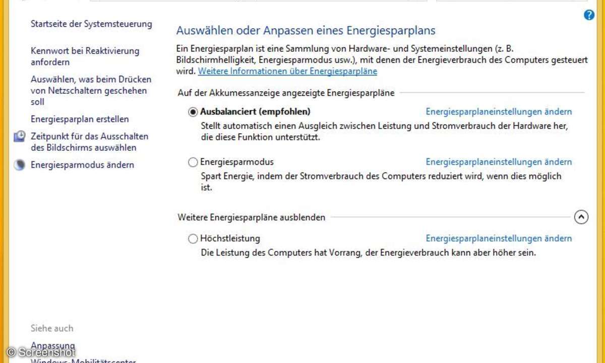 Windows-Energieeinstellungen als Screenshot