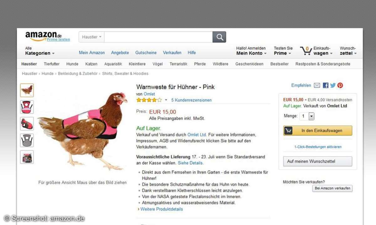 Warnweste für Hühner - Pink, Amazon Rezension