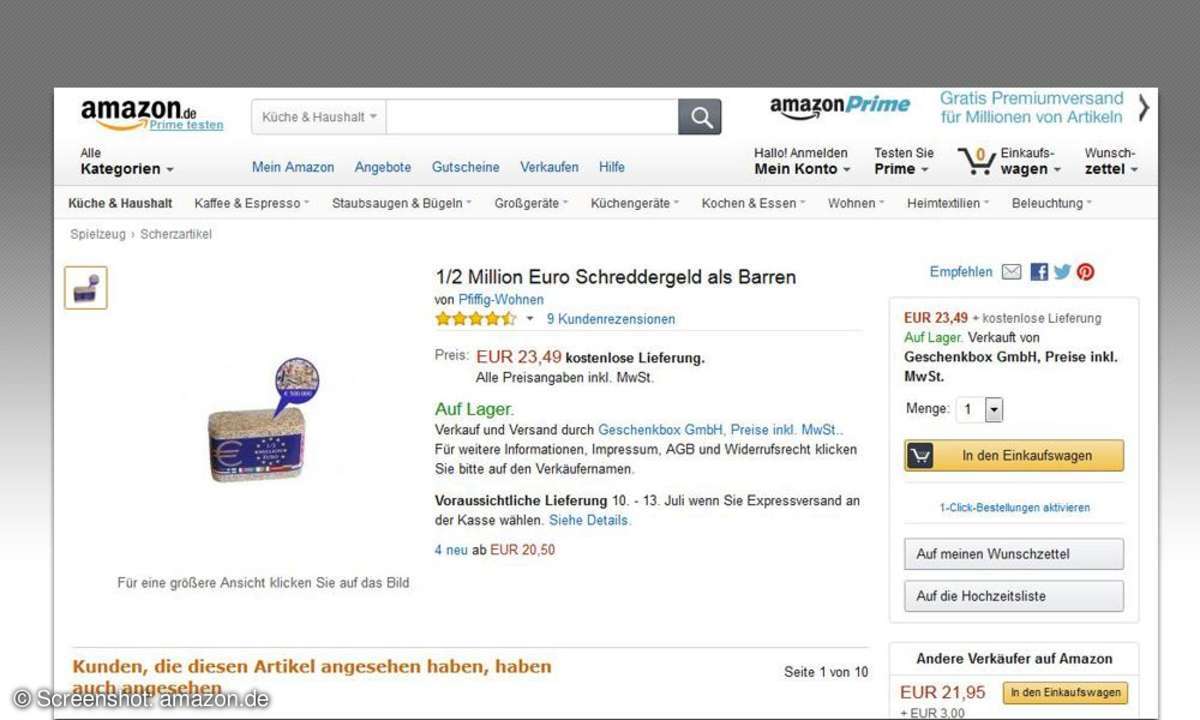 1/2 Million Euro Schreddergeld als Barren, Amazon Rezension