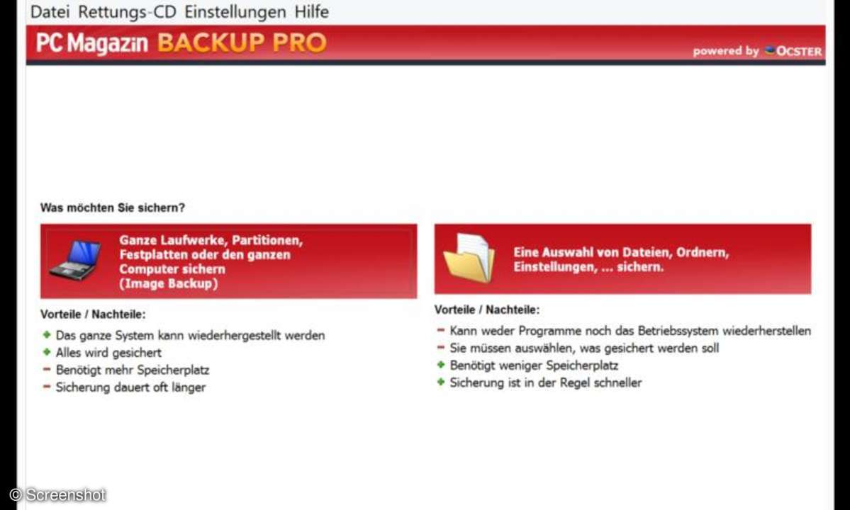 Screenshots aus Windows und PC MAgazin Backup Pro