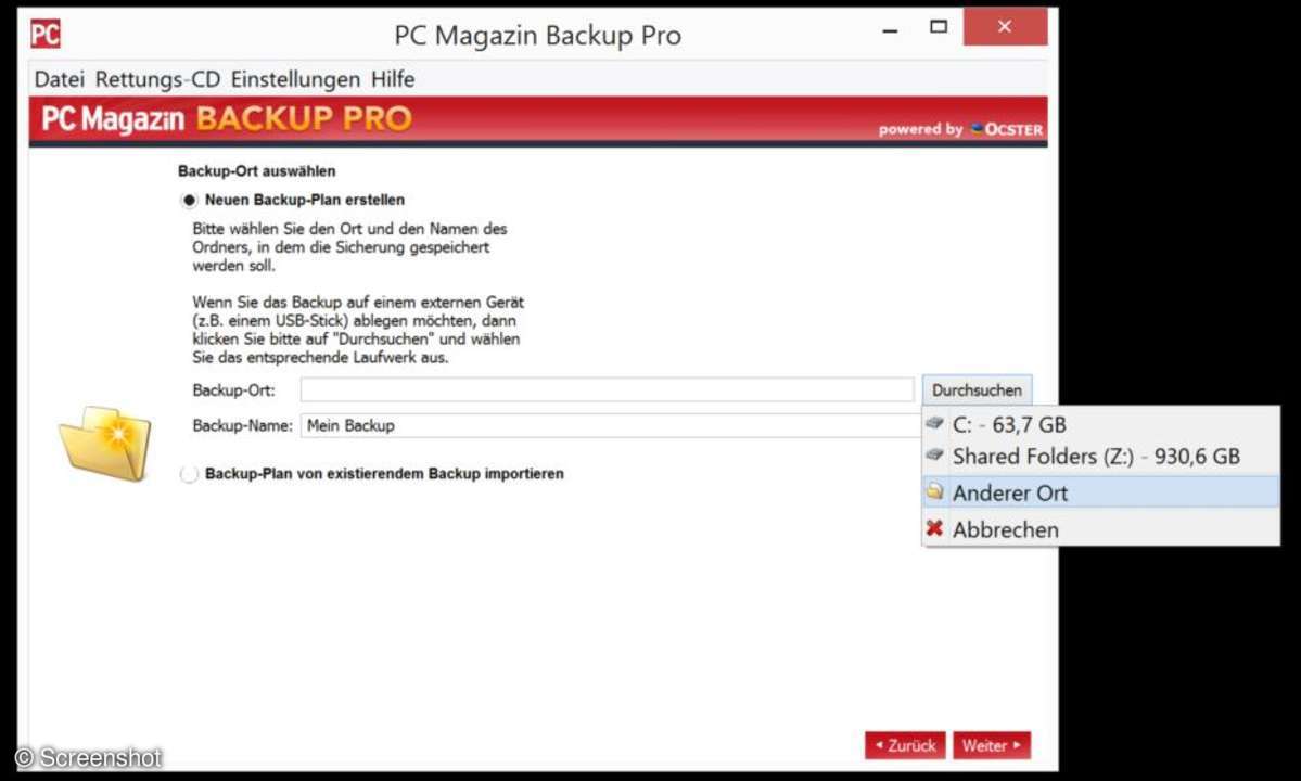 Screenshots aus Windows und PC MAgazin Backup Pro