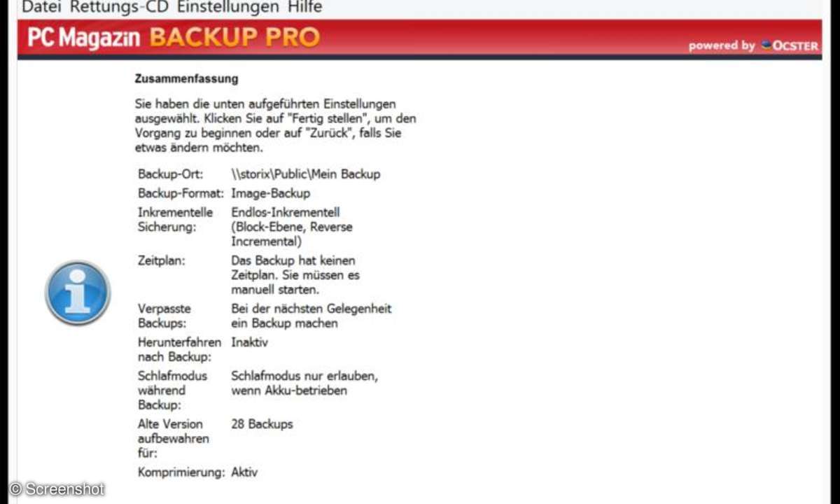 Screenshots aus Windows und PC MAgazin Backup Pro