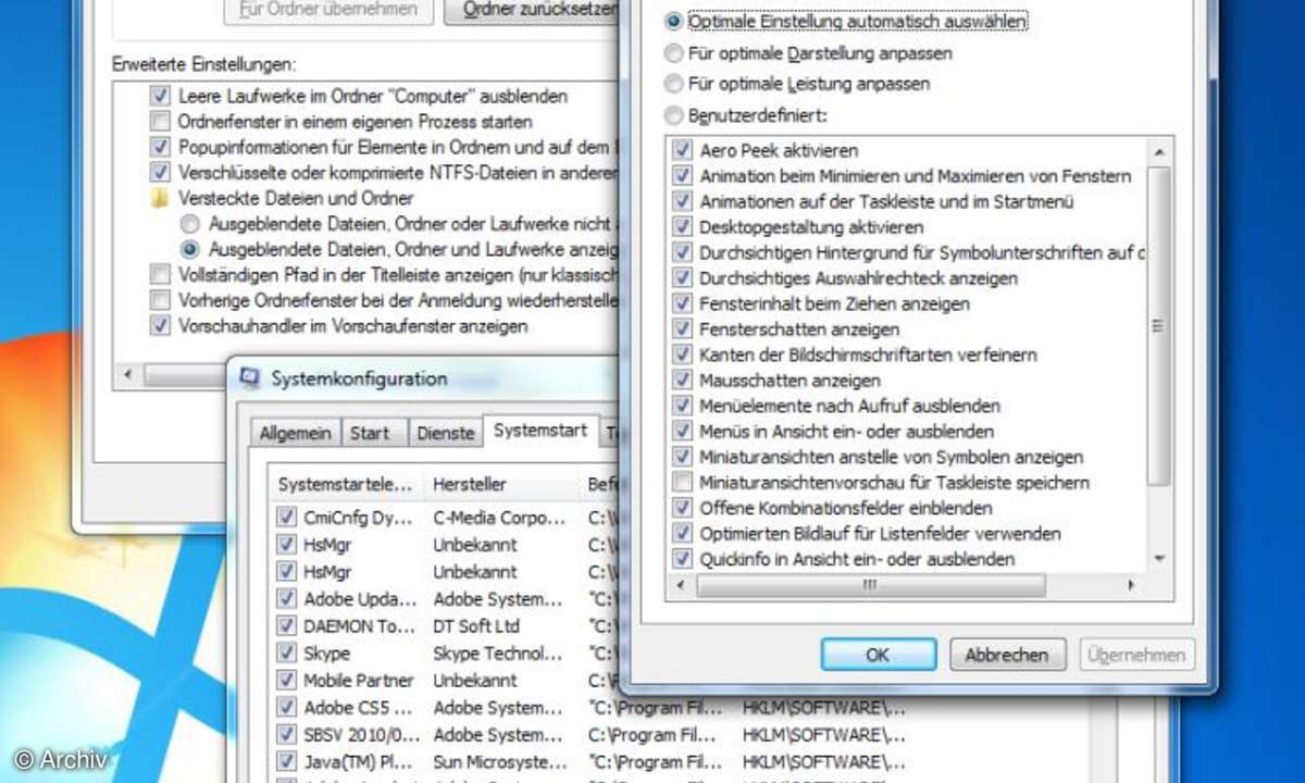 WIndows 7: Systemkonfiguration, Ordneroptionen und Leistungsoptionen