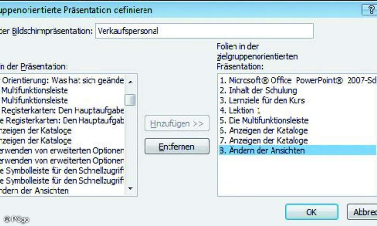 Mit den beiden Pfeilschaltflächen ändern Sie die Reihenfolge der Folien.