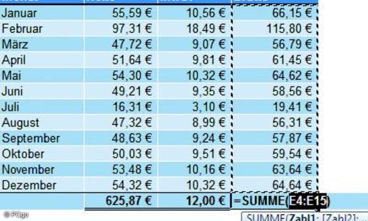 Excel zieht Zahlenwerte oberhalb der aktiven Zelle beim Markieren vor.