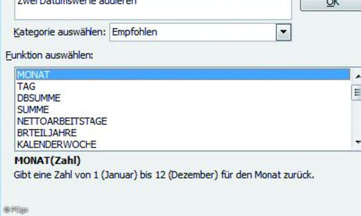 Wenn Sie zu einer Funktion nähere Informationen benötigen, markieren Sie sie in der Liste und klicken im Dialog auf den Link