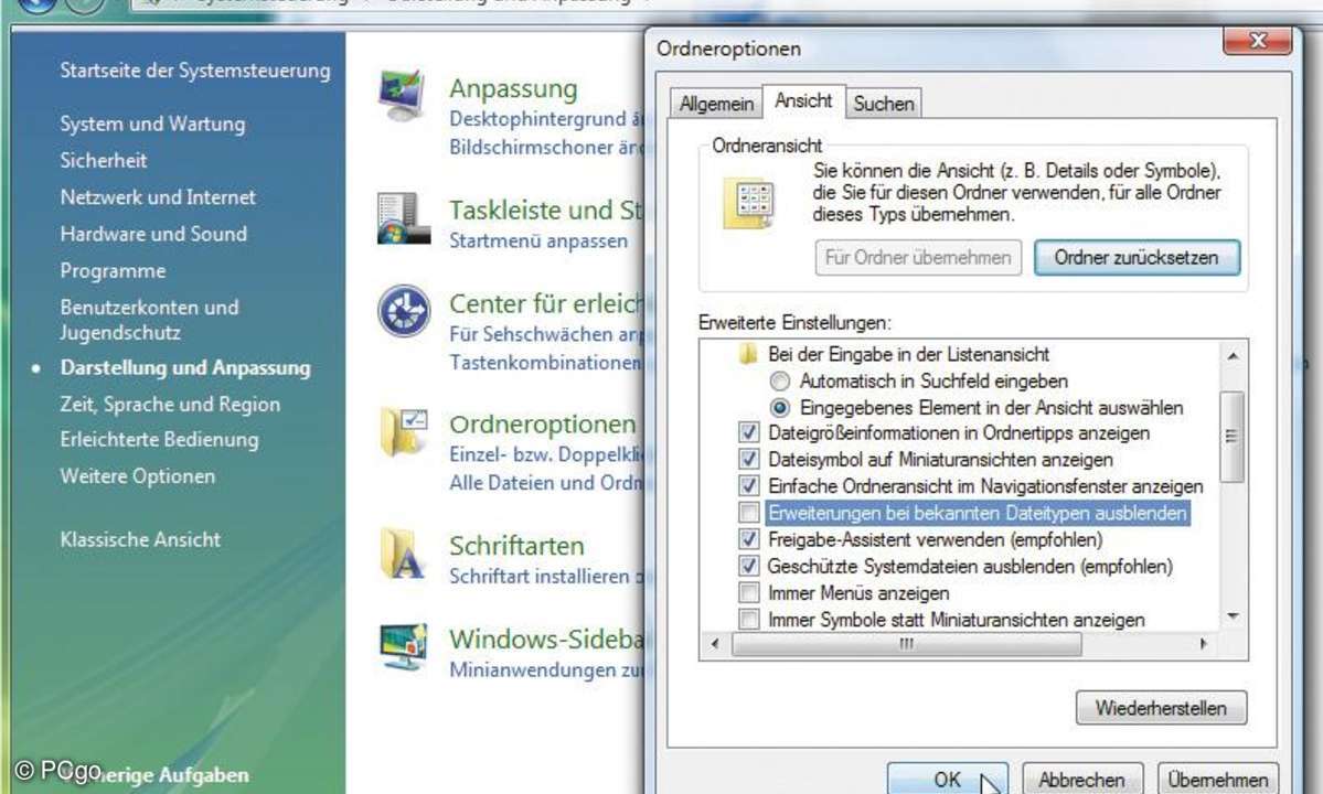 Selbst Windows Vista blendet in der Grundeinstellung unverständlicherweise alle bekannten Dateiendungen aus.