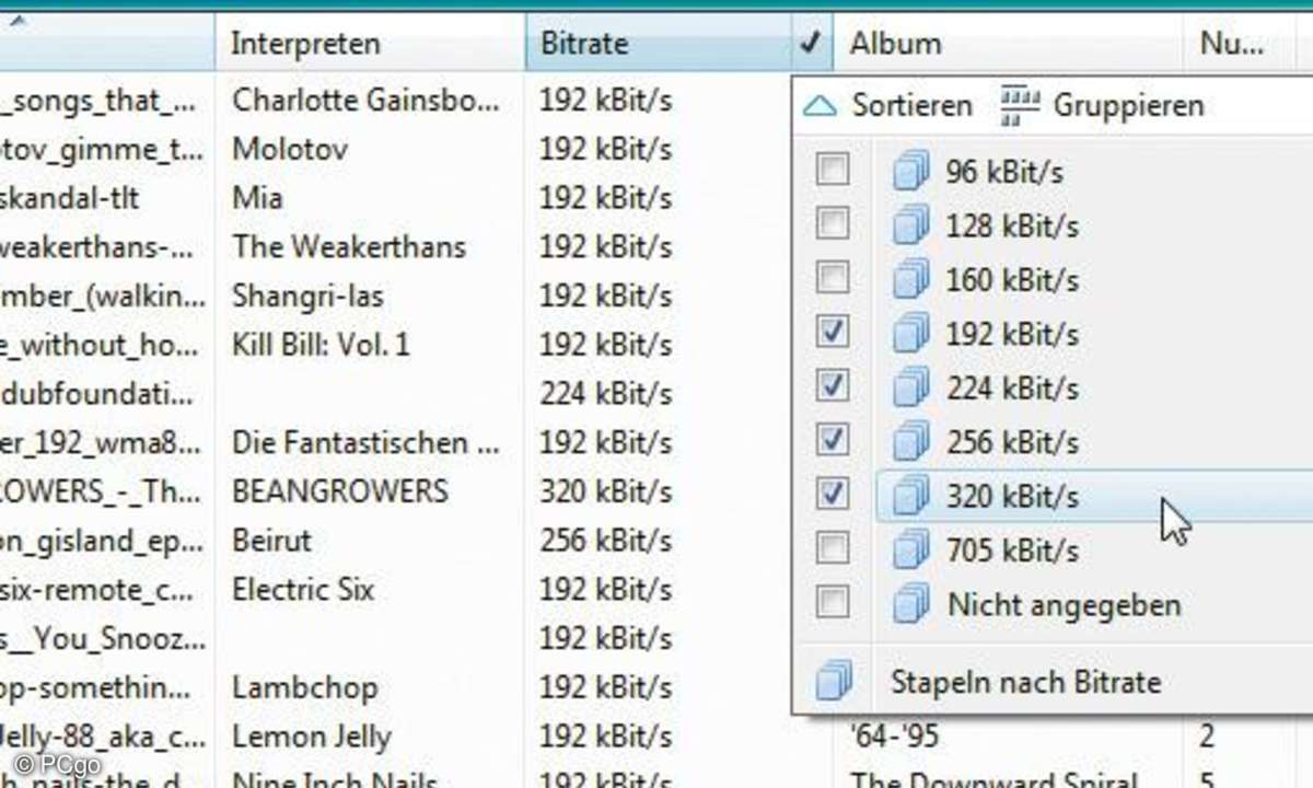 Mit dieser Einstellung zeigt der Vista Explorer nur Audio-Dateien mit bestimmten Bitraten an.
