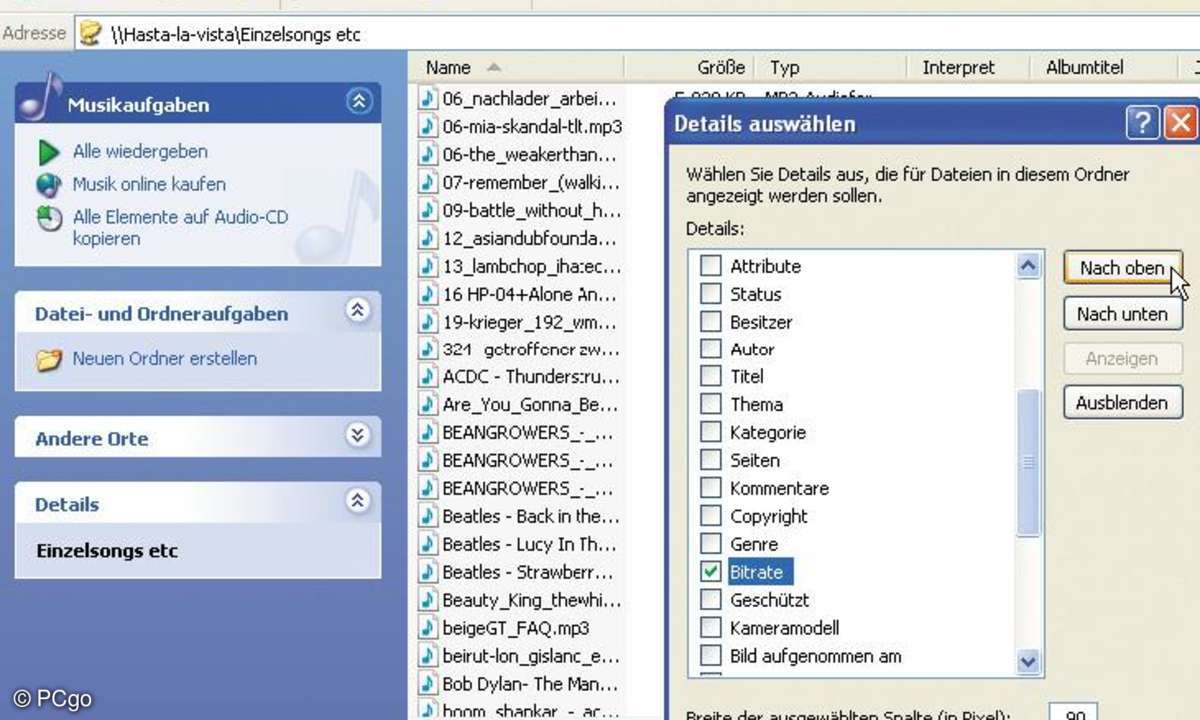 Per Rechtsklick auf die graue Leiste mit den Spaltenüberschriften lässt sich die Details-Ansicht des Explorers beliebig anpassen.