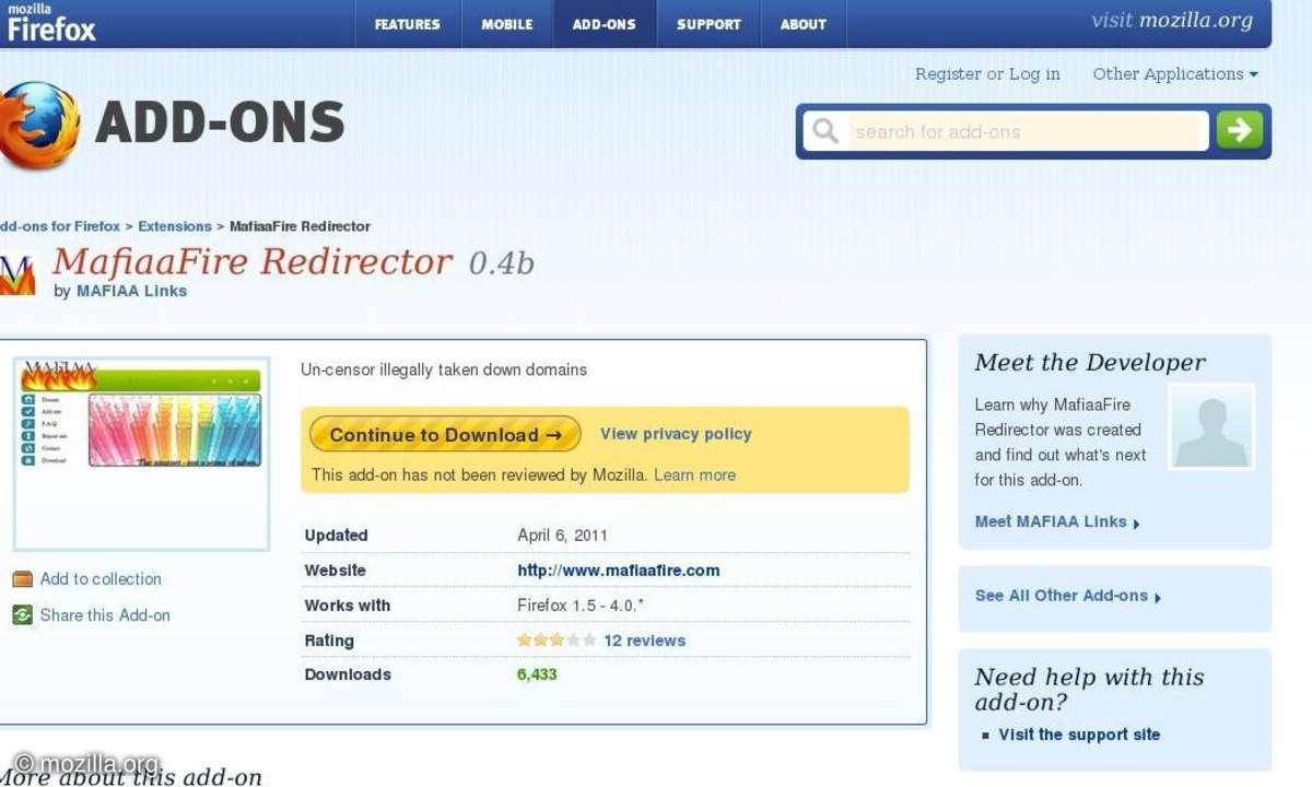 mafiaafire, Firefox add-ons, gesperrte Webseiten