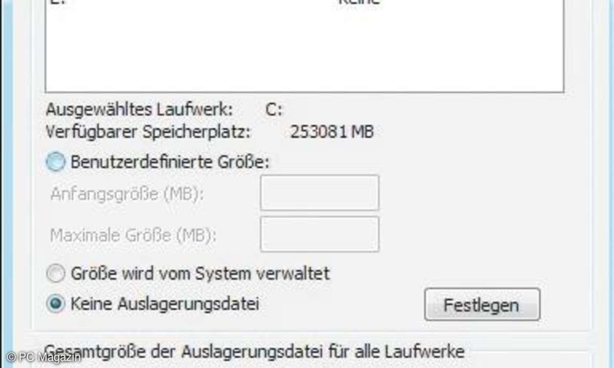 Es kann vorteilhaft sein, eine Auslagerungsdatei nicht im Dialog Virtueller Arbeitsspeicher automatisch verwalten zu lassen.
