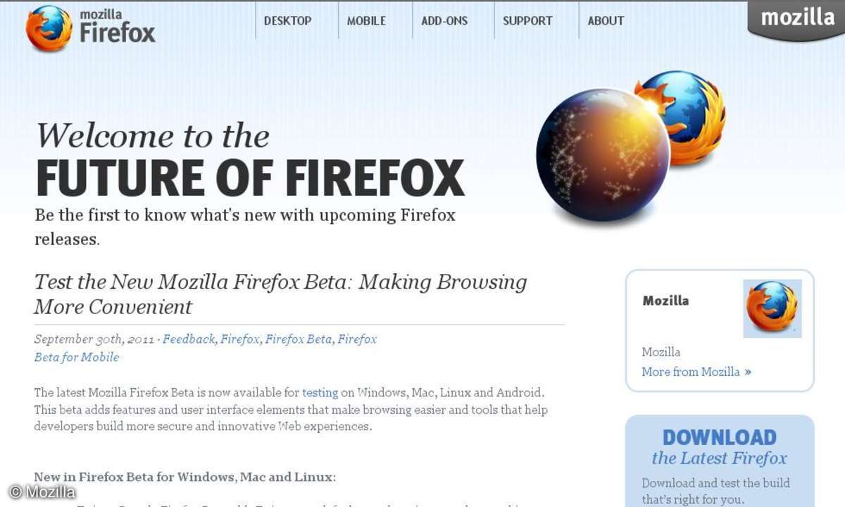 Webseite für Firefox 8 Beta