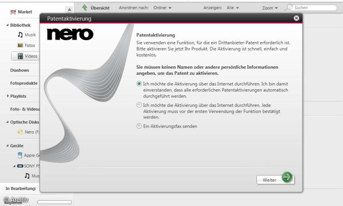 Nero Kwik Media - einmalige Patentaktivierung vor der Konvertierung