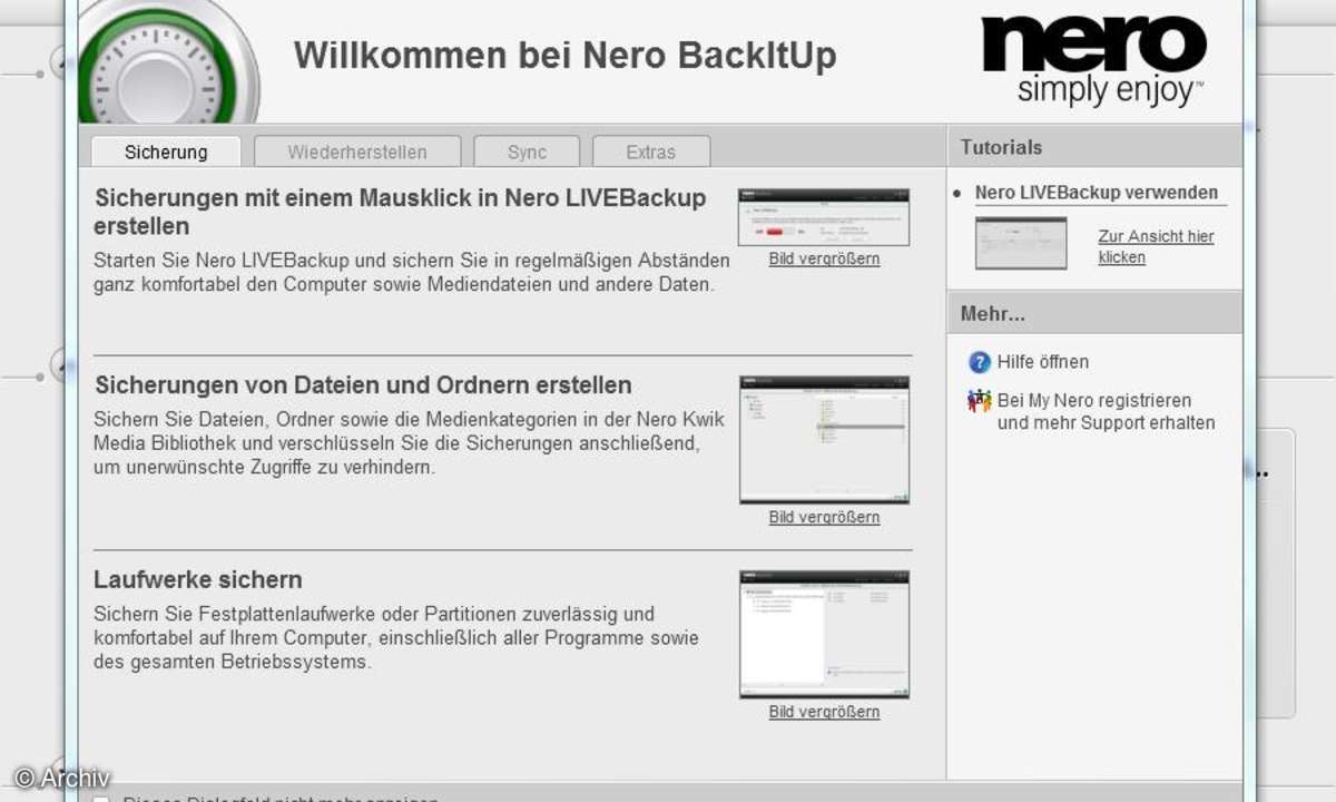 Nero BackItUp 11 - Startscreen